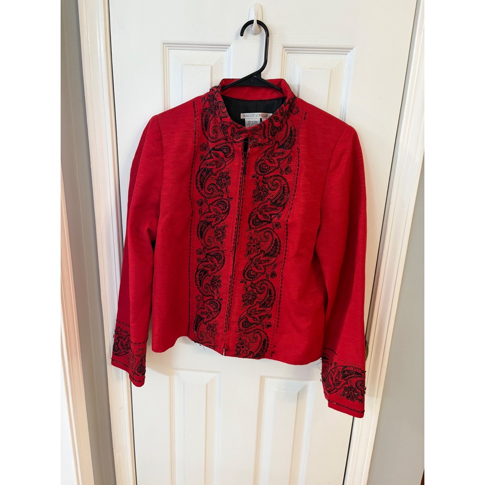 Maggy London Jacket Womens 12 Red 100% Silk Beaded Paisley Embroidered Zip Up